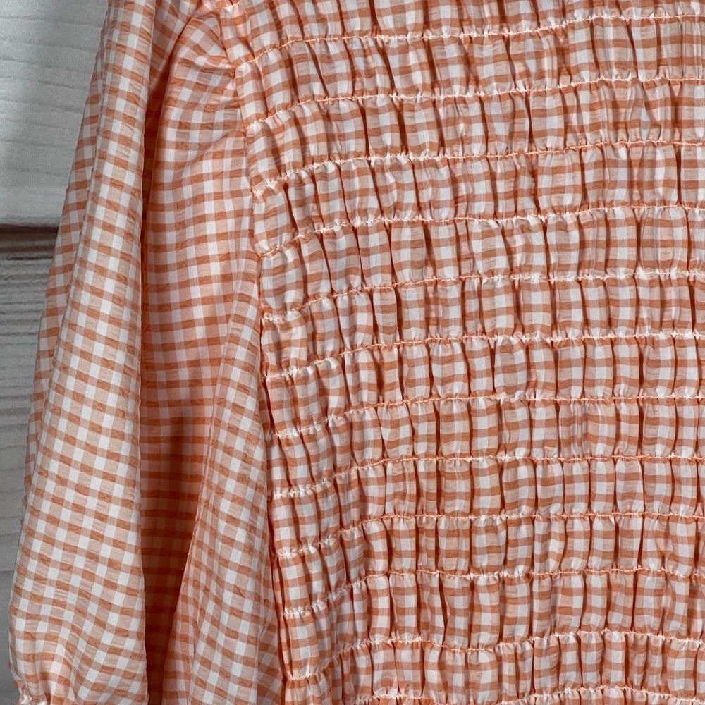 Zac & Rachel Blouse Womens 1X Orange Gingham Smocked Peplum Top Short Sleeve - Picture 7 of 9
